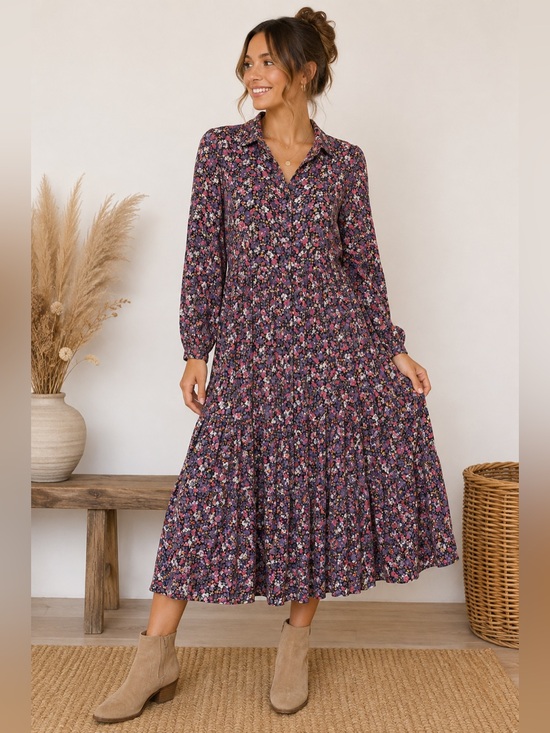 NATURAL LIFE Dresses & Skirts - Natural Life Size L Floral Button Front Midi Dress Long Sleeve Boho Cottagecore